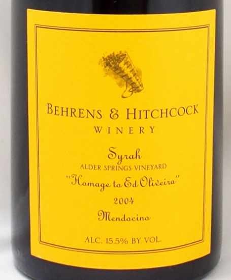 2004年 シラー アルダー スプリングス ヴィンヤード オマージュ トゥ エド オリヴェイラ ベーレンス＆ヒッチコックSYRAH ALDER  SPRINGS VINEYARD HOMMAGE TO ED OLIVEIRA BEHRENS & HITCHCOCK WINERYの販売[ヴィンテージ ワインショップのNengou-wine.com]